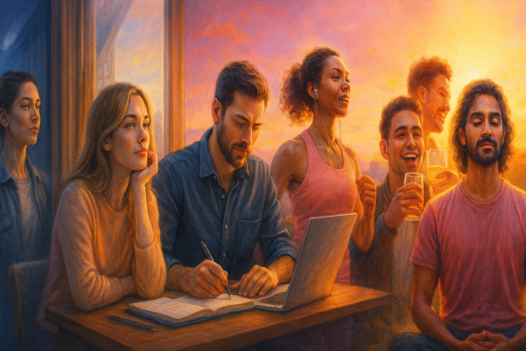 Diversas pessoas em situações do cotidiano (trabalhando, conversando, meditando, caminhando), representando evolução de níveis de consciência, luz suave ao fundo simbolizando crescimento interior, cores predominantes azul profundo, rosa vibrante e dourado, estilo realista, humano, ambiente urbano e natural, emoção de despertar e transformação, iluminação suave e detalhada, composição harmoniosa.