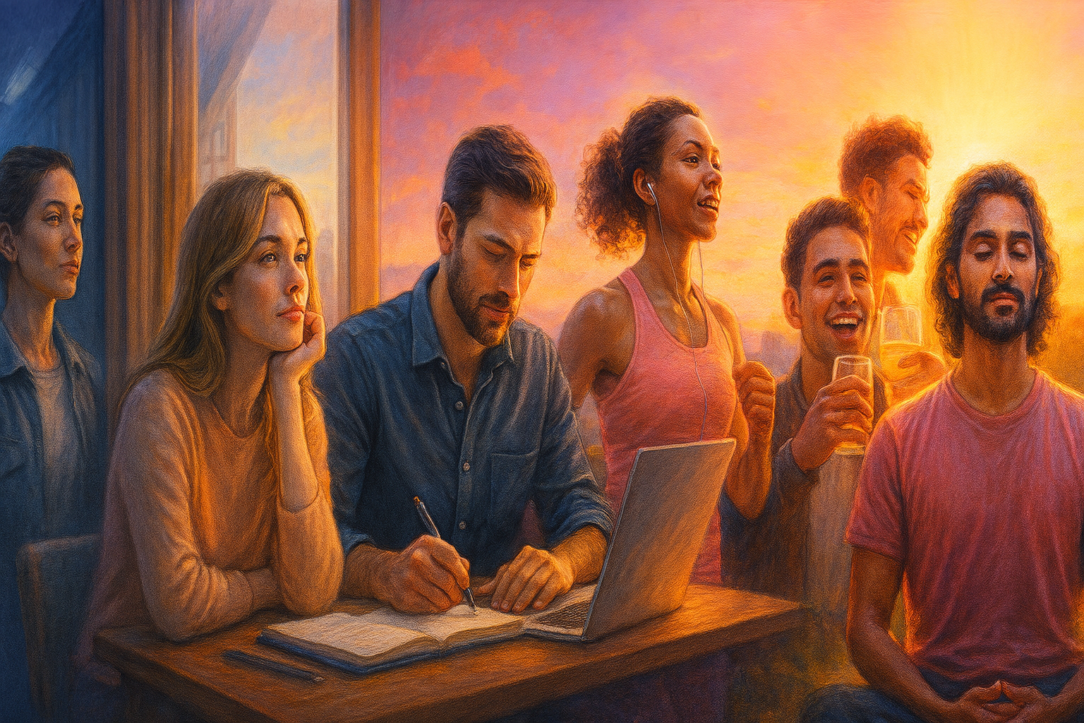 Diversas pessoas em situações do cotidiano (trabalhando, conversando, meditando, caminhando), representando evolução de níveis de consciência, luz suave ao fundo simbolizando crescimento interior, cores predominantes azul profundo, rosa vibrante e dourado, estilo realista, humano, ambiente urbano e natural, emoção de despertar e transformação, iluminação suave e detalhada, composição harmoniosa.