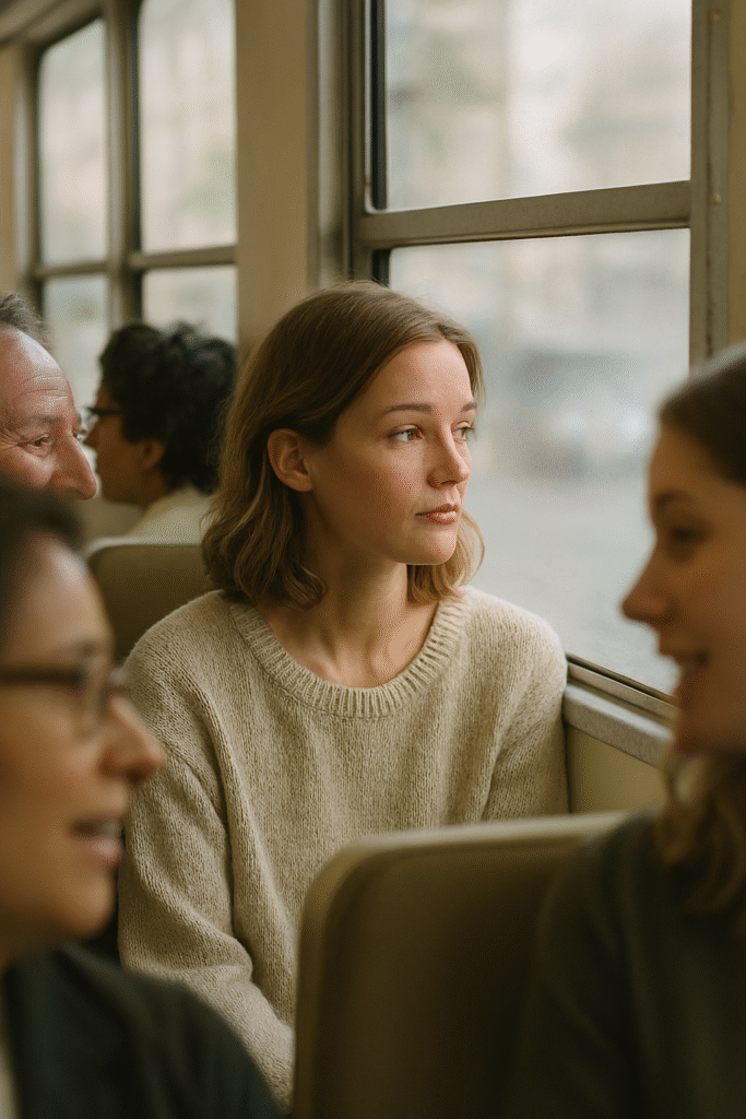 Uma pessoa sentada no transporte público , cercada por pessoas conversando, mas olhando para fora da janela com expressão reflexiva. 