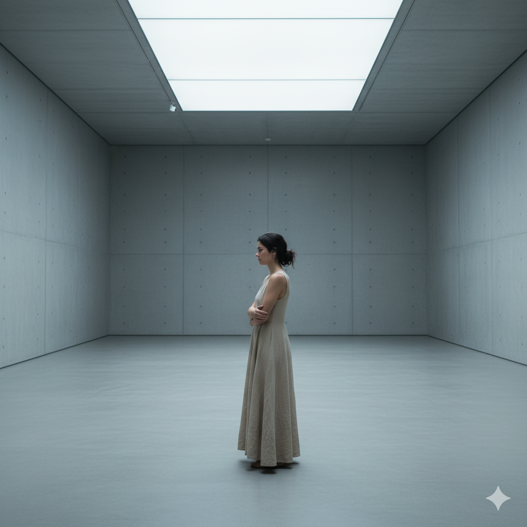 Uma figura solitária e pequena em pé no centro de um vasto salão minimalista de concreto, com uma expressão de melancolia suave. A grandiosidade e a simplicidade do ambiente realçam a sensação de ausência e solidão.