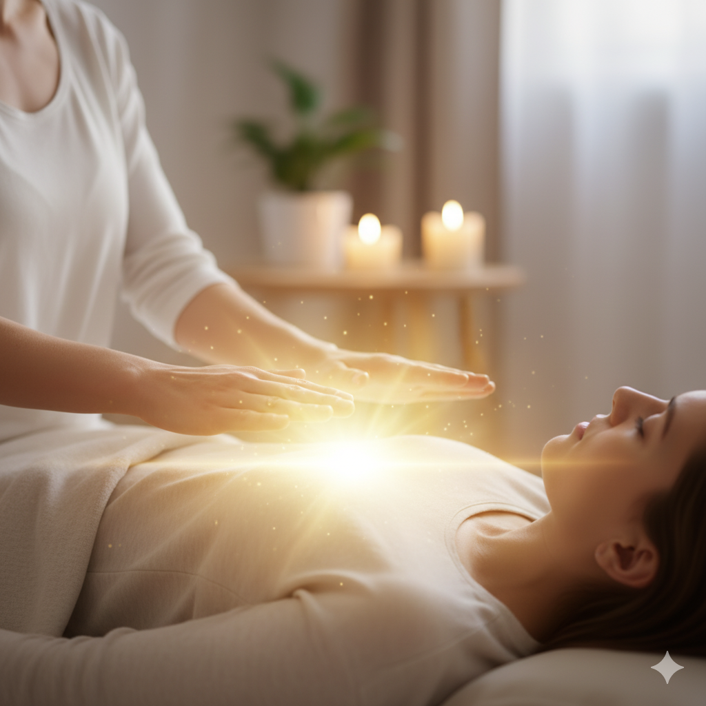  Terapia de Reiki em andamento, com as mãos do terapeuta sobre o corpo para alinhar os chakras e promover a cura emocional.