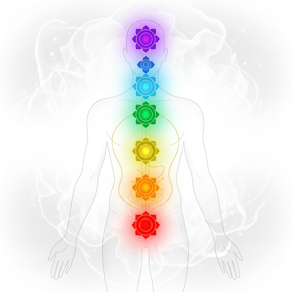: Diagrama dos 7 chakras alinhados na coluna vertebral, mostrando o equilíbrio entre corpo e energia.
