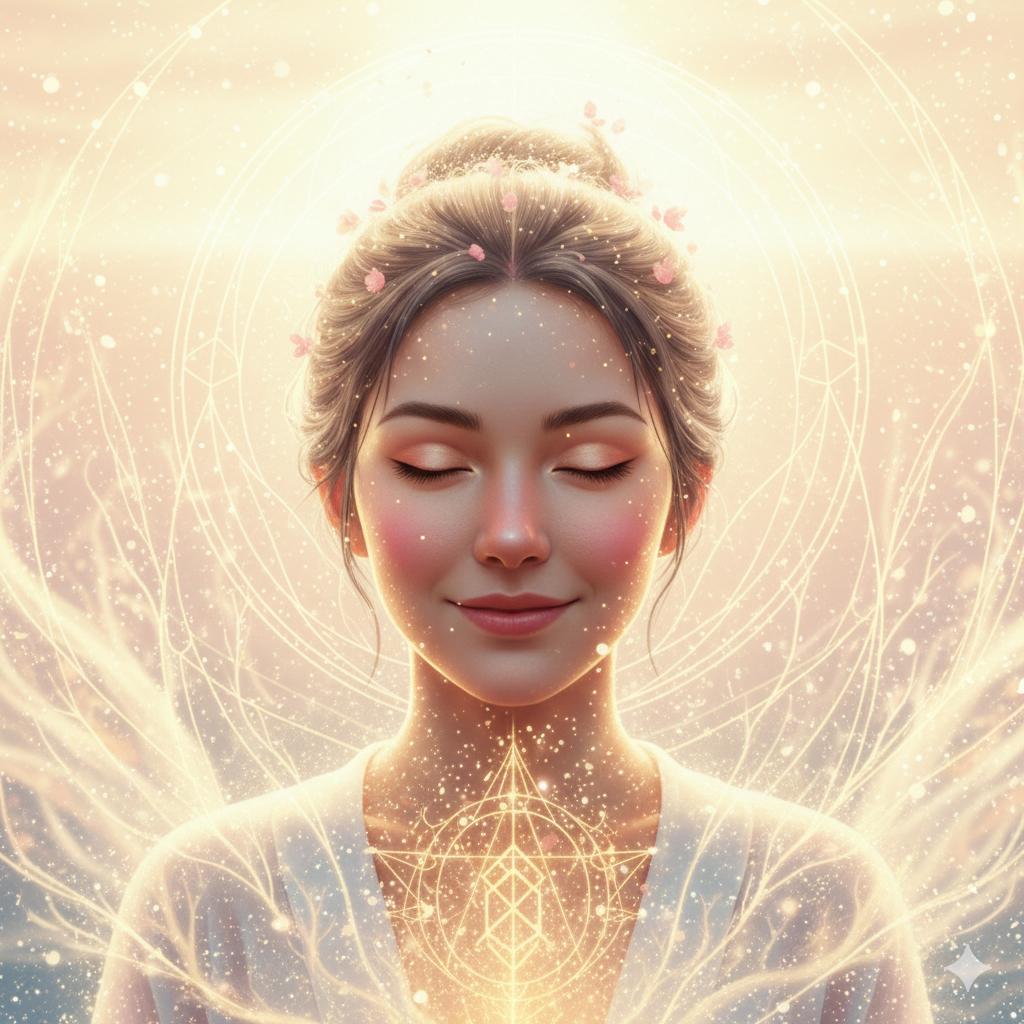 Uma imagem que transmita tranquilidade e crescimento. Pense em uma ponte feita de luz ou flores, cruzando um abismo com a luz do sol nascendo ao fundo. Alternativamente, uma pessoa meditando em um jardim exuberante com elementos de luz e fluidez.