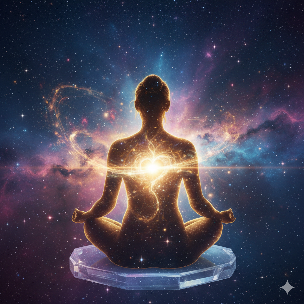 A foto de uma pessoa em posição de meditação, com um brilho energético ao redor, se fundindo com um universo estrelado. O foco pode ser o coração da pessoa, emitindo uma luz poderosa