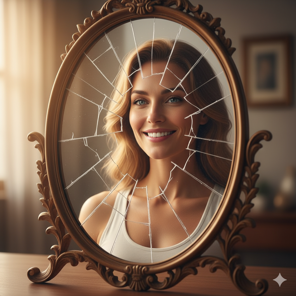  Uma imagem de um espelho rachado, mas no reflexo a imagem de uma pessoa sorrindo e mais forte do que a imagem original. Isso representa a beleza de se encontrar e fortalecer nas rachaduras.