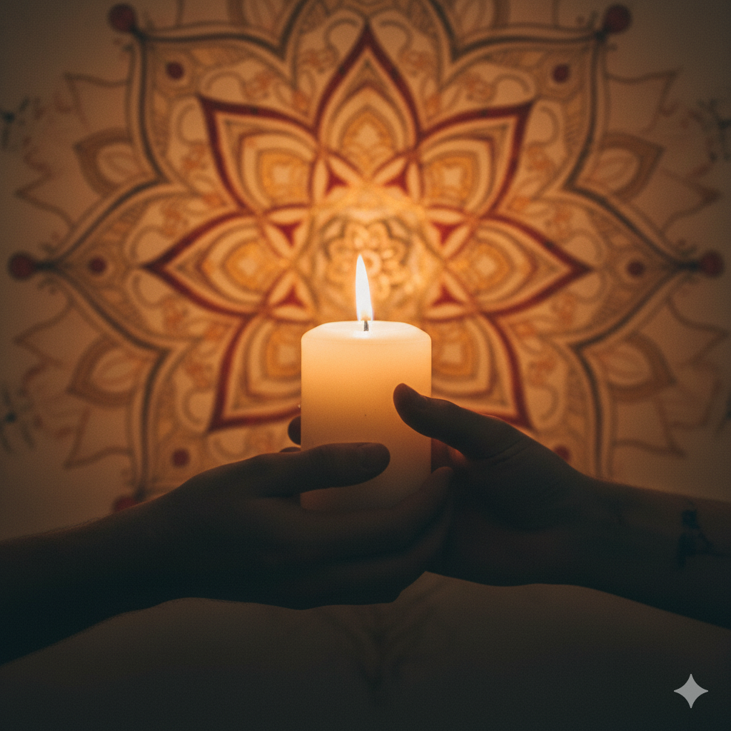 Imagem simbólica: mãos entrelaçadas (pode ser sua mão com a de alguém, ou apenas você tocando algo sagrado, como uma vela/mandala).