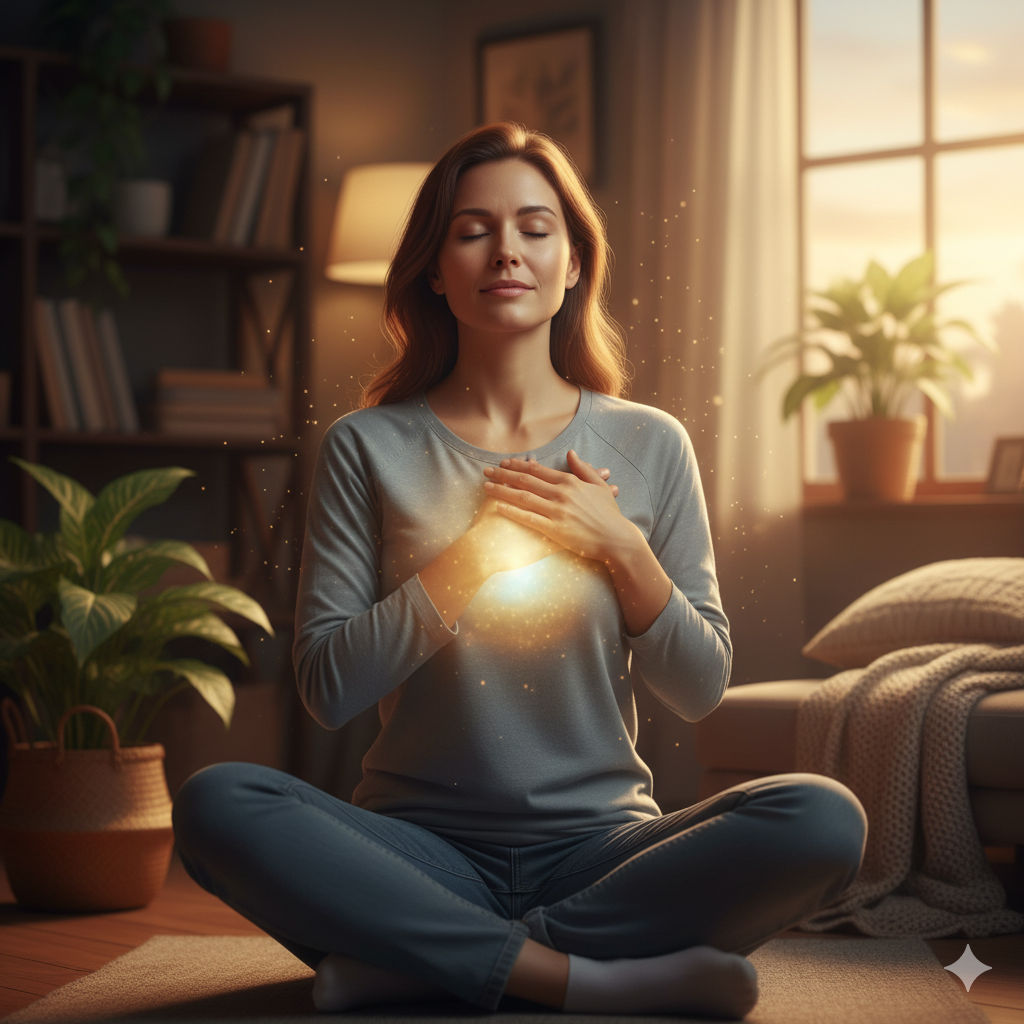 Uma pessoa adulta com expressão de paz e serenidade, s, transmitindo a sensação de liberdade e alegria. 