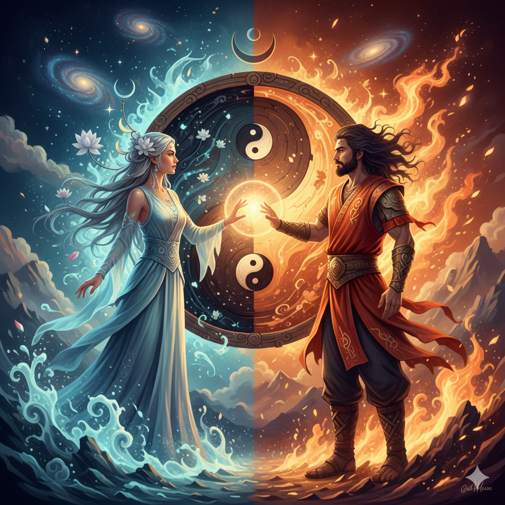 Uma imagem que represente as energias feminina e masculina em equilíbrio. Pode ser uma representação artística dos símbolos Yin e Yang, ou duas pessoas (uma com a energia receptiva e outra com a energia de ação) em harmonia.
