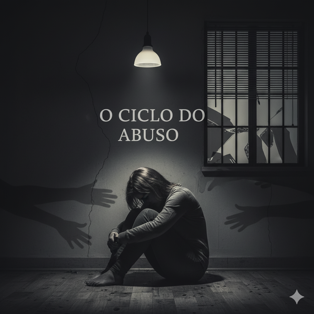 Uma pessoa encolhida no chão de um quarto escuro, com sombras de mãos ameaçadoras projetadas nas paredes. O título "O CICLO DO ABUSO" aparece acima, e uma janela quebrada e a iluminação sombria simbolizam a dor e a violência inerentes a esse ciclo.