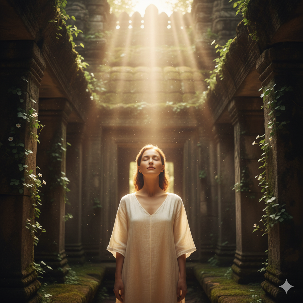 Uma pessoa de olhos fechados, em um gesto de aceitação, em meio a ruínas antigas cobertas por folhagens. Feixes de luz divina atravessam o teto, iluminando-a suavemente, representando esperança e o despertar espiritual que pode surgir da crise