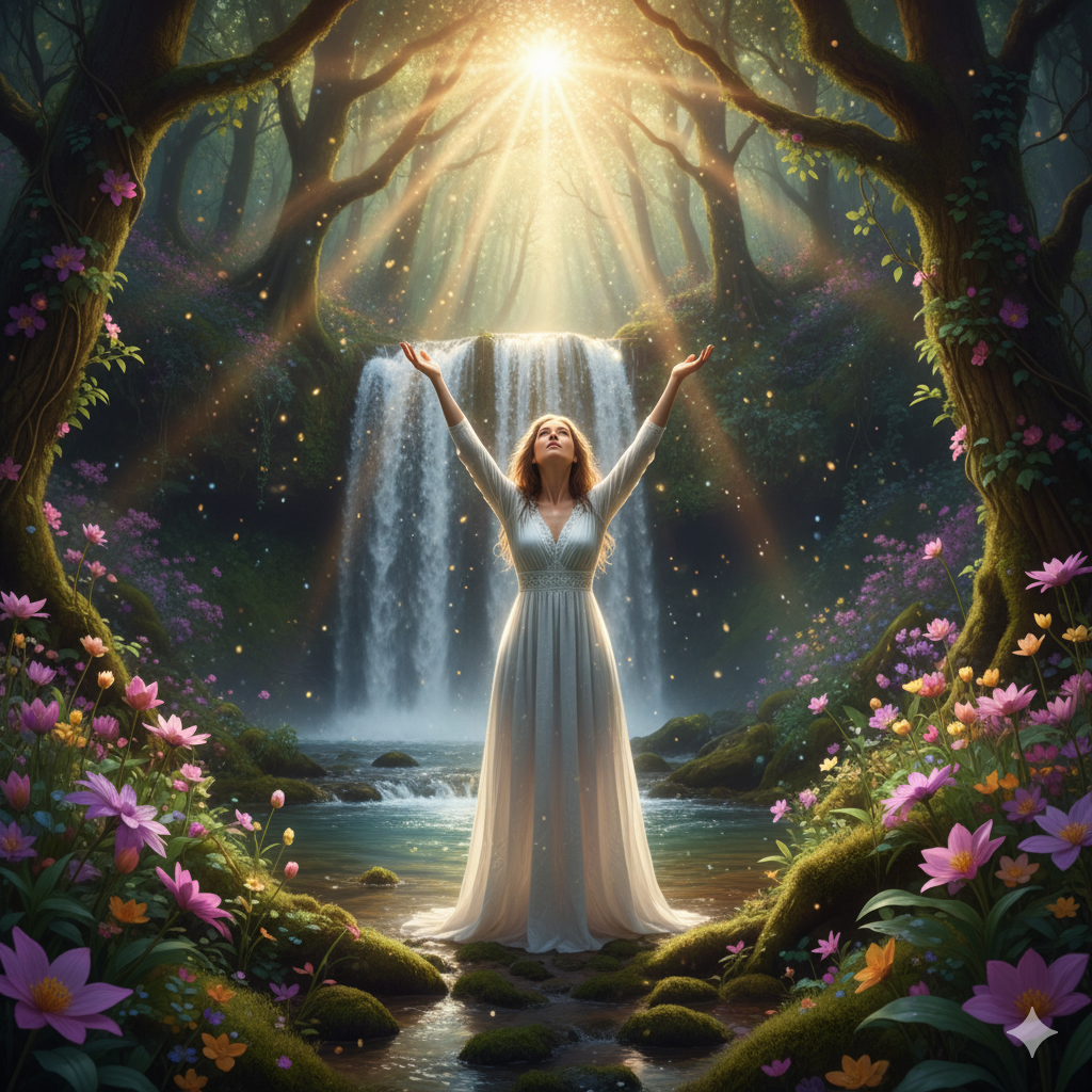 Uma mulher em ma floresta mágica e exuberante, com riachos, cogumelos e flores. Feixes de luz dourada divina caem sobre ela, e um complexo desenho de mandala brilha em seu peito, simbolizando a introspecção, a calma e a profunda jornada espiritual da alma.