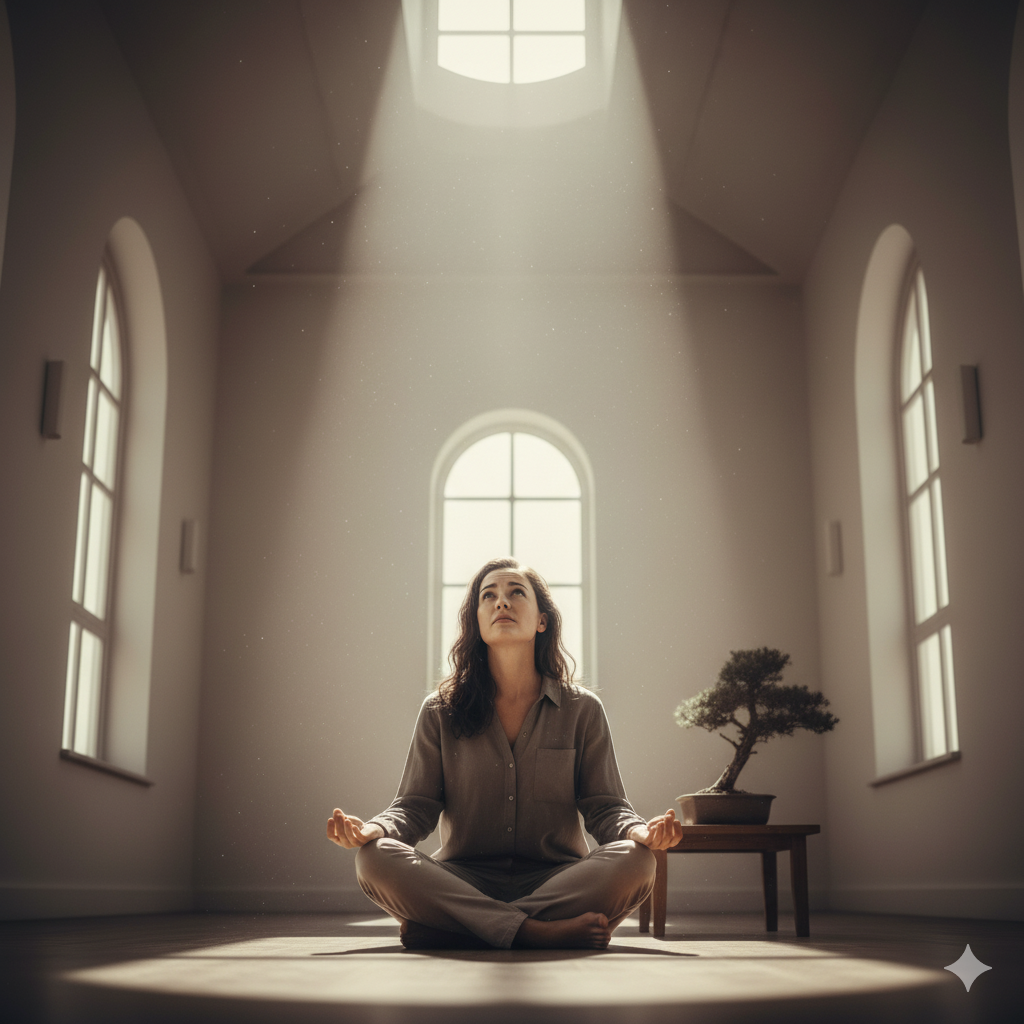 : Uma pessoa sentada em posição de meditação em um ambiente sereno e minimalista, com luz natural vinda do alto. Embora em postura contemplativa, sua expressão facial sugere um questionamento interno, a luta contra as ilusões do ego espiritual