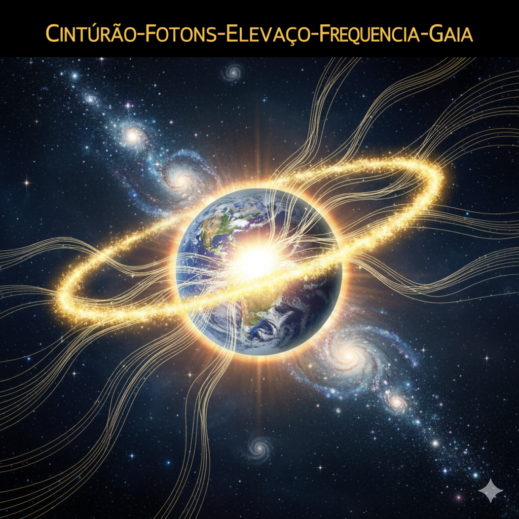 Representação artística do Sol e da Terra entrando em um cinturão de fótons da Constelação das Plêiades, que eleva a frequência do planeta.
