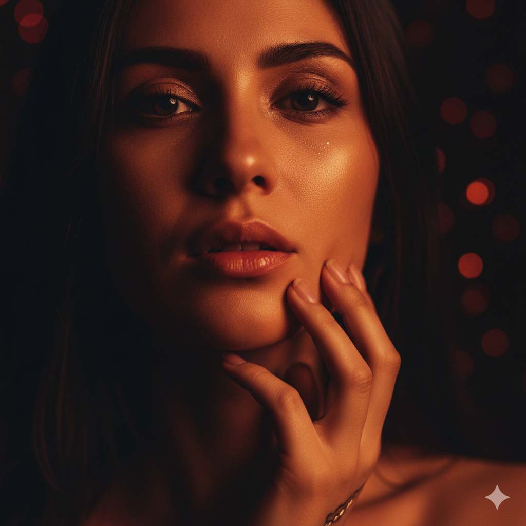 Um close-up do rosto e da mão de uma mulher, com uma expressão intensa e um olhar penetrante. A iluminação quente e os pontos de luz desfocados no fundo criam uma atmosfera de paixão e mistério, destacando a faísca do desejo. ________________________________________