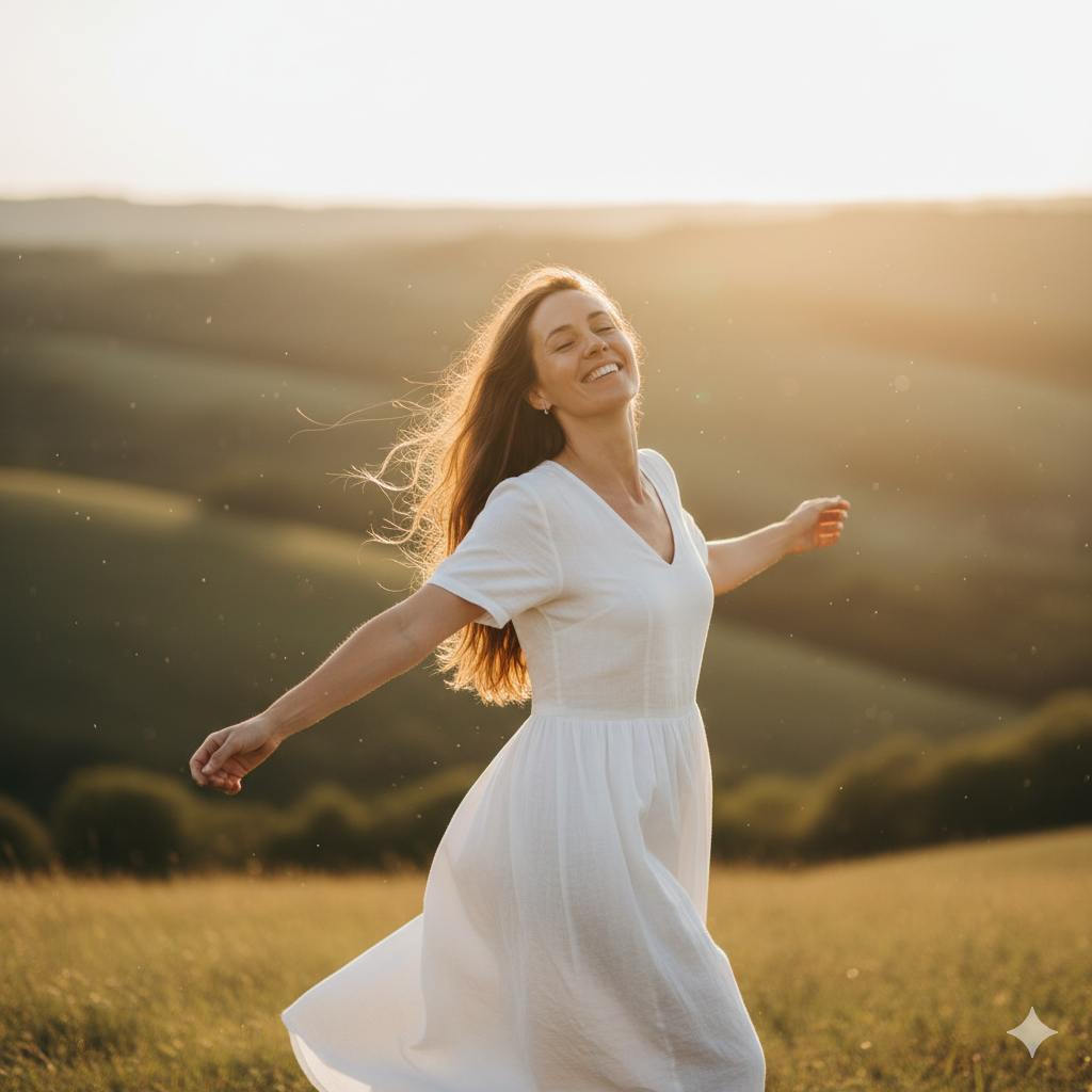 Uma mulher em um vestido branco, sorrindo e com os braços abertos, girando em um campo aberto ao pôr do sol. A luz dourada e seu movimento capturam a leveza, a liberdade e a alegria encontradas na reconstrução e no amor-próprio. ________________________________________