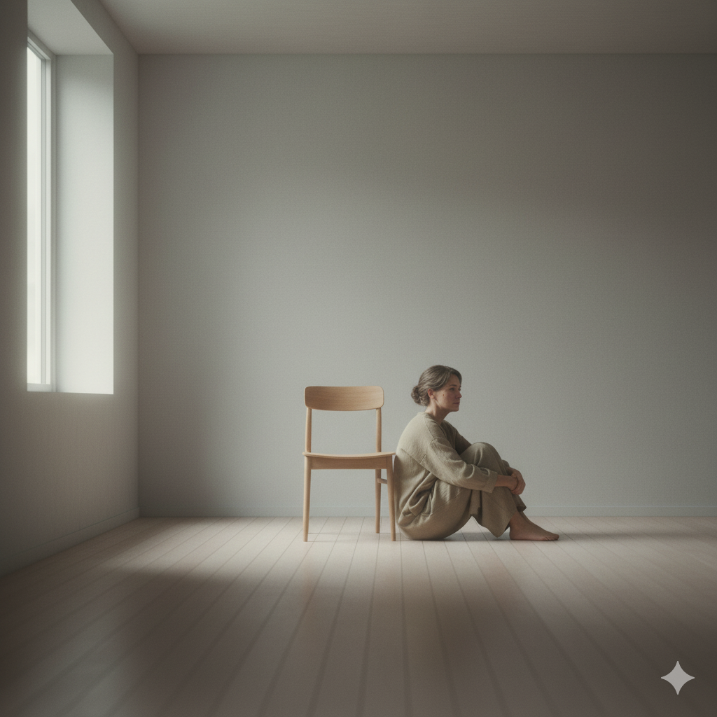 Uma pessoa sentada no chão de um ambiente minimalista com paredes de concreto e um grande janelão, transmitindo uma sensação de amplitude e, ao mesmo tempo, de vazio. A figura está abraçando os joelhos, com uma expressão de vulnerabilidade e contemplação, enquanto uma cadeira vazia ao lado intensifica a ideia de "ninho vazio". ________________________________________