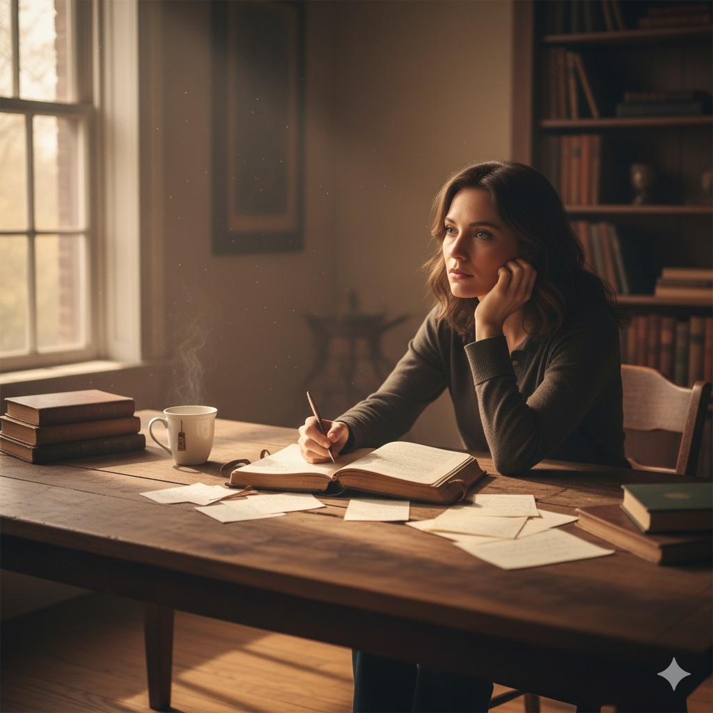 Uma pessoa sentada em uma mesa de madeira antiga, em uma sala com estantes de livros, escrevendo em um caderno aberto enquanto reflete. A luz suave vinda da janela ilumina a cena, simbolizando a busca e o uso do autoconhecimento como um guia.