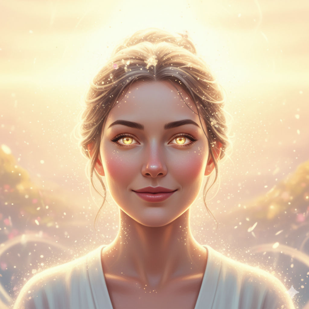  Uma imagem da mesma pessoa da capa, mas agora com um semblante de paz e alegria, com uma luz vibrante ao redor. Pode ser um close-up mostrando a luz em seus olhos.