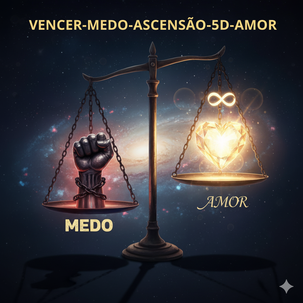 Imagem comparando as frequências vibracionais: o peso do medo na 3D contra a leveza e a cura do amor na 5D.