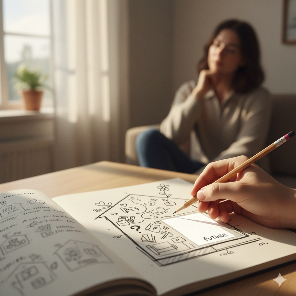 Um close-up de uma mão desenhando o mapa de uma casa em uma folha, ou uma pessoa sentada em um cômodo simples, com um diário ou caderno em mãos, em atitude de reflexão.