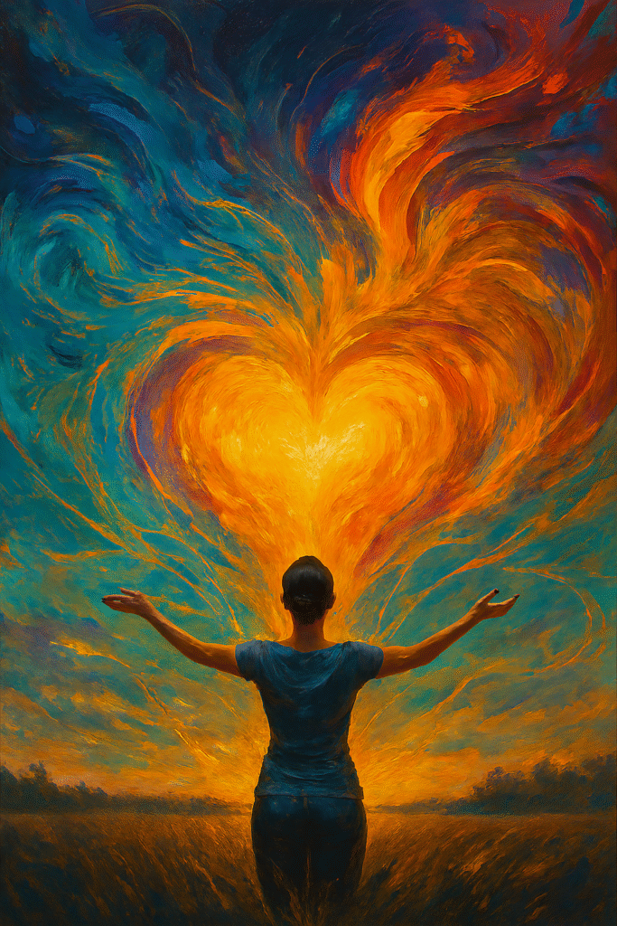 Uma imagem com cores vibrantes e fluídas (como a de uma tela de óleo). A representação de energias caóticas se transformando em formas harmônicas, como um coração ou uma flor, simbolizando a vida em abundância.