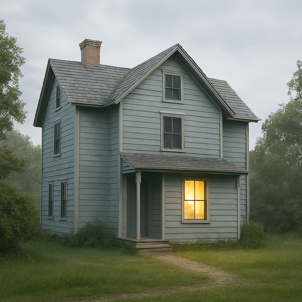 Uma foto de uma casa vista de longe, com uma janela iluminada em destaque, como se uma luz misteriosa viesse de dentro. Transmite a ideia de que a verdadeira casa está no interior.