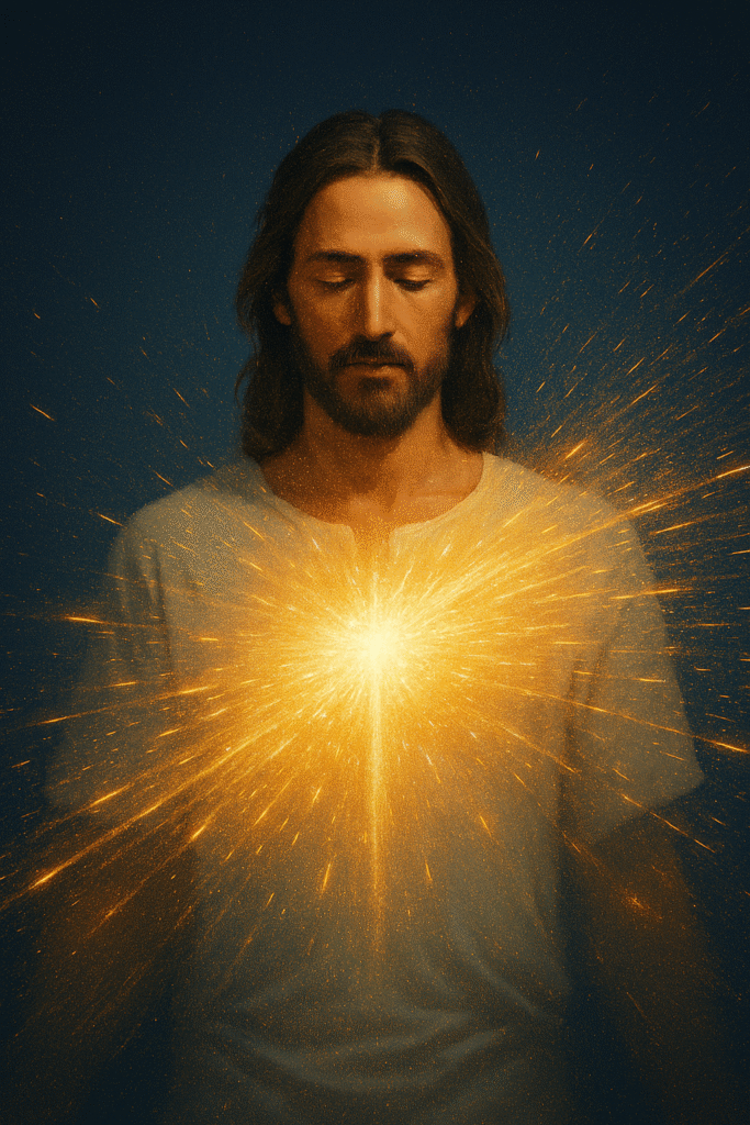 Uma imagem minimalista e moderna de Jesus, com um leve efeito de partículas de luz se movendo rapidamente ao seu redor, ou uma representação da "multiplicação dos pães" de uma perspectiva de energia, como se a luz estivesse se expandindo.