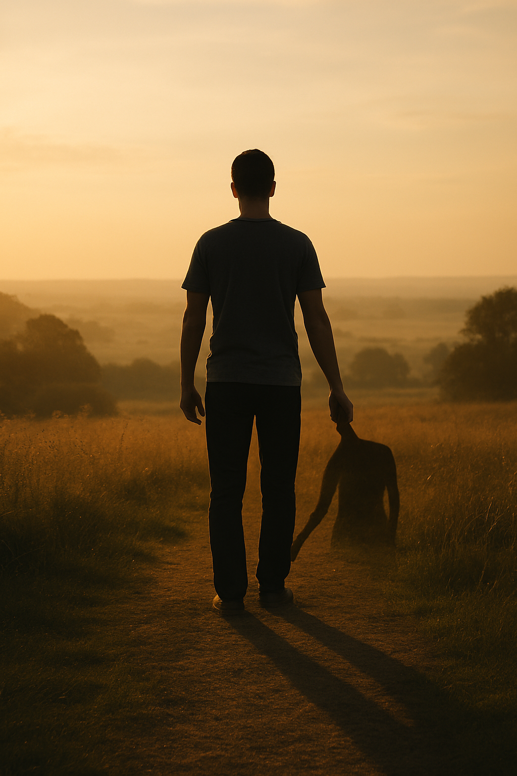 Uma imagem poética e simbólica, como uma silhueta de uma pessoa em frente a uma paisagem vasta e aberta, ou uma pessoa de mãos dadas com sua própria sombra, mostrando a união do corpo e da alma.