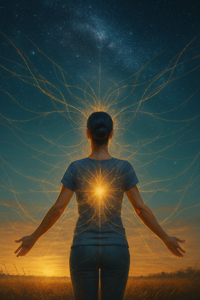 A foto de uma pessoa de braços abertos em um campo, com linhas de energia conectando-a ao cosmos e à Terra. Isso simboliza a conexão entre o microcosmo (nós) e o macrocosmo (o universo).