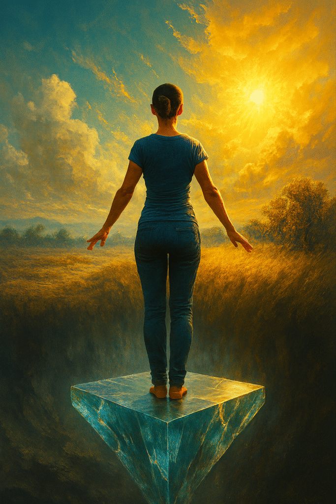 Uma imagem de uma pessoa em pé sobre uma plataforma de cristal transparente. Abaixo dela, uma paisagem antiga e opaca. Acima, uma paisagem nova e brilhante. A pessoa está prestes a "saltar" para a nova realidade.