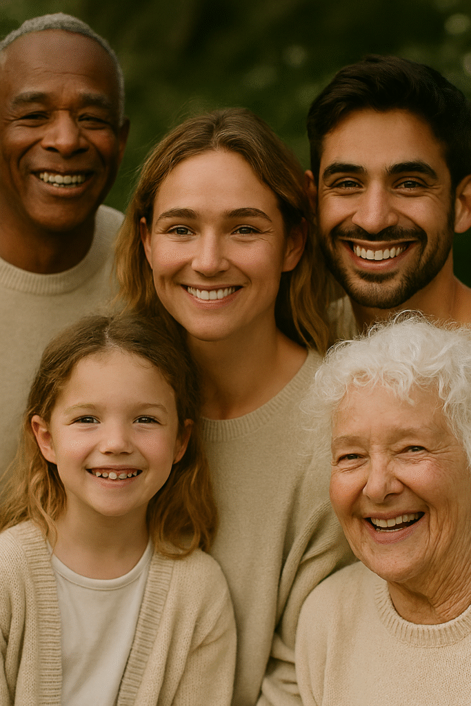 Rótulos, Narrativas e a Essência Indefinível Pessoas diferentes de idades, estilos e cores de pele sorrindo juntas, como um retrato coletivo natural. Ou: uma pessoa olhando para várias fotos suas antigas espalhadas sobre a mesa, refletindo sobre quem é.  Mostra a complexidade humana e identidade em transformação.