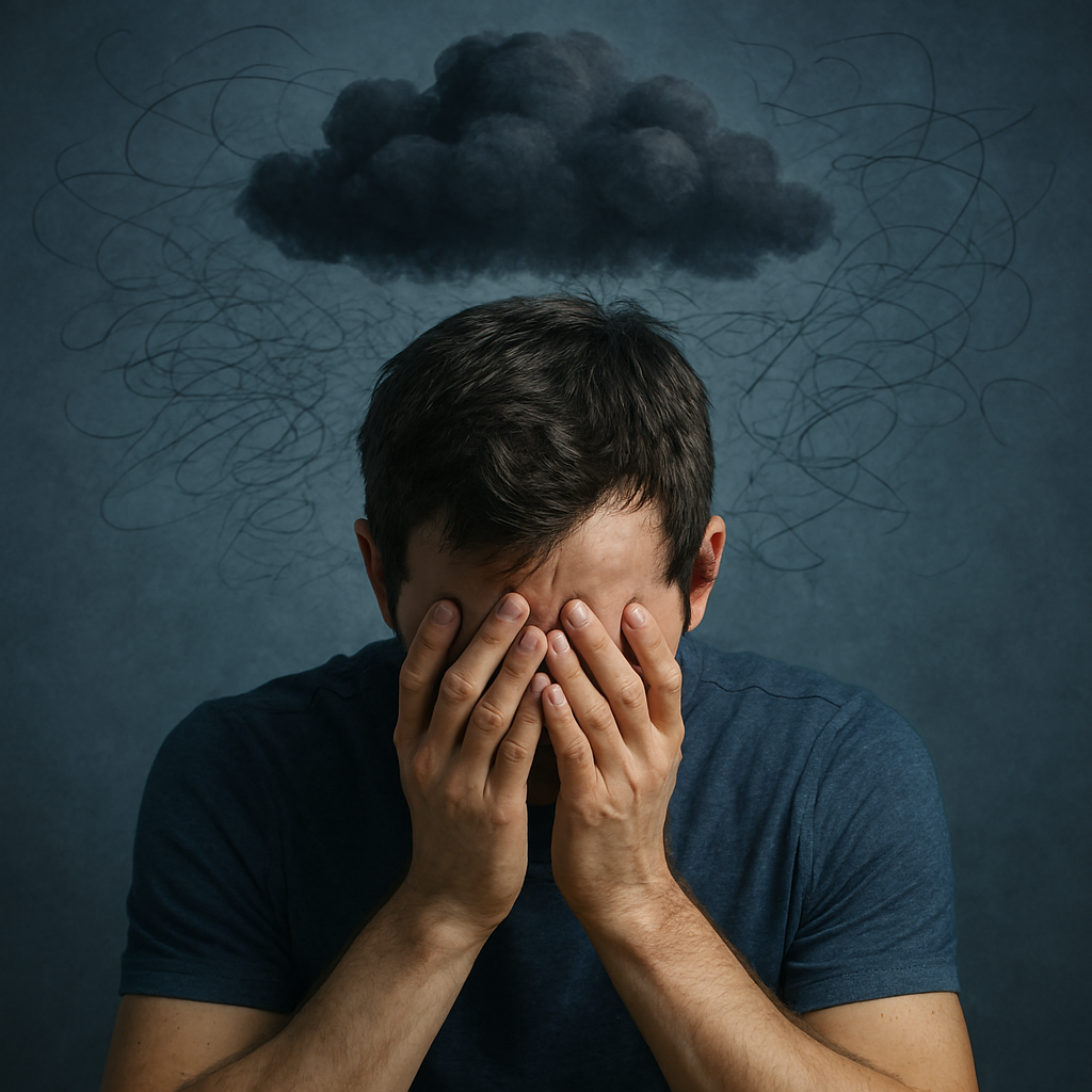 Um retrato de uma pessoa em close, mas com a cabeça baixa ou as mãos no rosto, como se estivesse sobrecarregada. Pequenas nuvens escuras ou linhas de escrita confusa pairam ao redor da cabeça dela, representando a voz do crítico interno e a autocobrança.