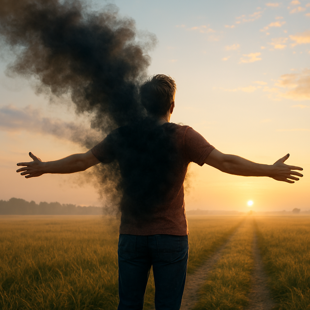 Uma pessoa com os braços abertos, de costas, em um vasto campo. Ao invés de uma mochila, algo como uma "sombra pesada" ou uma névoa escura se dissipa de suas costas. A luz do sol da manhã ou do pôr do sol ilumina o caminho à frente, simbolizando a leveza e a esperança.