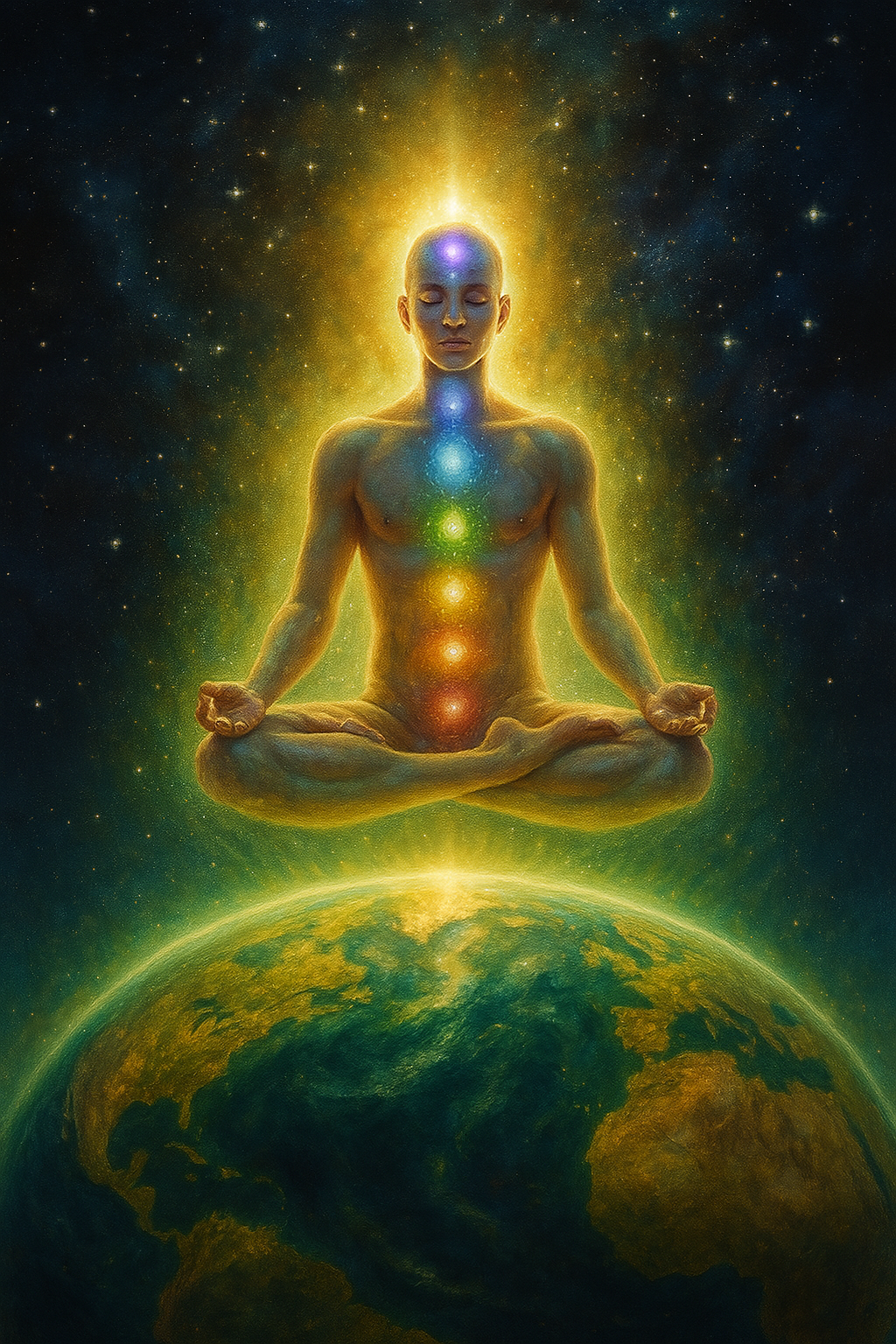 Transicao-Planetaria-Jornada-5D • Ilustração de uma alma humana transcendendo a Terra, simbolizando a transição planetária e a elevação de frequência da 3D para a 5D.