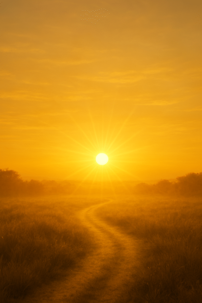 Um sol nascendo no horizonte, em um cenário de montanhas ou do mar. Em primeiro plano, a silhueta de uma pessoa em posição de meditação ou simplesmente com os braços abertos, de frente para o sol. A mensagem é de um novo começo, de liberdade e de paz alcançada.