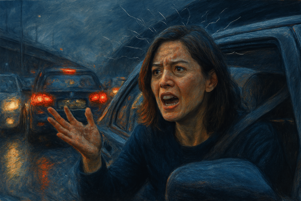Pessoa estressada no trânsito, com expressão tensa, gesticulando e reclamando, cercada de caos urbano. Prompt: "Homem ou mulher no trânsito, expressão estressada e frustrada, gesticulando, buzinas e carros ao redor, clima de tensão, pensamentos negativos representados visualmente como pequenas linhas caóticas ao redor da cabeça, estilo realista, cotidiano urbano, iluminação natural, atmosfera de caos e reação impulsiva, tons azul escuro e cinza, foco em emoções de frustração e estresse."