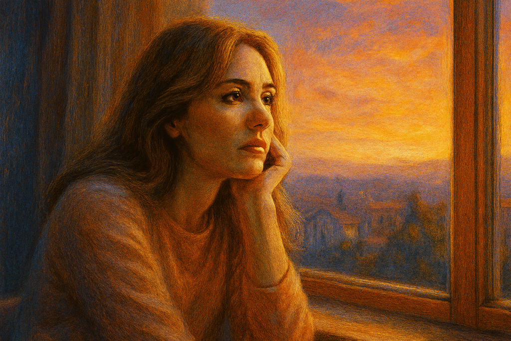 Pessoa olhando pela janela de um apartamento ou café, refletindo sobre a vida, com leve expressão de desejo ou questionamento, isolamento sutil. Prompt: "Pessoa sozinha olhando pela janela de apartamento ou café, expressão contemplativa e sonhadora, cenário urbano ou natureza ao fundo, estilo realista, luz suave entrando pela janela, atmosfera de reflexão e aspiração, tons quentes e suaves, emoção de desejo por mudança e questionamento da rotina."