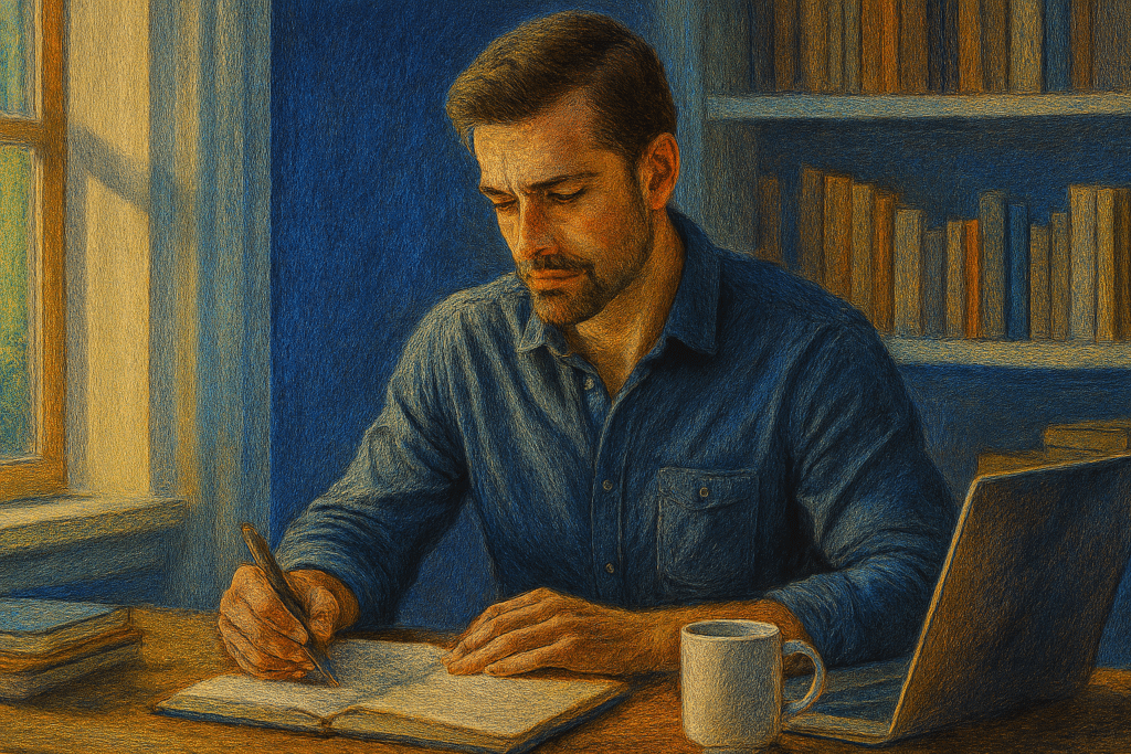 Pessoa em home office ou escritório, organizando ideias, planejando metas, com postura confiante e decidida, afastando distrações externas. Prompt: "Homem ou mulher trabalhando sozinho(a) em escritório ou home office, postura confiante, planejando metas, materiais de organização ao redor, expressão de foco e determinação, estilo realista, luz natural, tons claros com destaque em azul profundo, sensação de autonomia, independência e afirmação pessoal, ambiente cotidiano mas organizado."