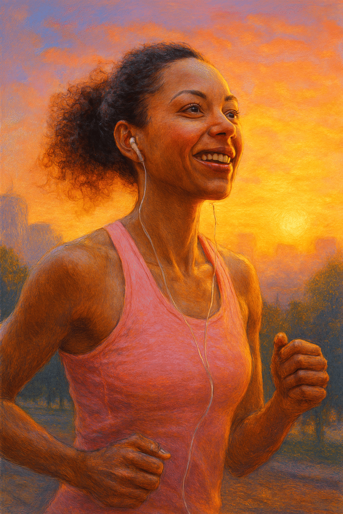 Pessoa correndo ou praticando yoga ao amanhecer, com expressão de determinação, mostrando ação consistente e esforço diário. Prompt: "Pessoa correndo ou praticando yoga ao amanhecer, expressão de disciplina e foco, ambiente natural ou urbano, luz suave do sol, estilo realista, cores quentes e inspiradoras, sensação de esforço consistente e autodisciplina, postura correta, atmosfera motivadora, ação diária representada."