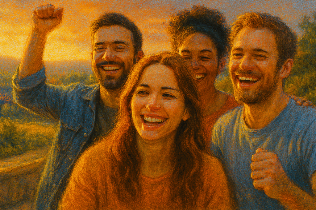 Pessoa vivendo momento feliz com amigos/família, celebrando conquista ou viagem, integrando desejos realizados e experiências concretas. Prompt: "Pessoa ou grupo de pessoas sorrindo e celebrando conquista, viagem ou reunião com amigos/família, estilo realista, ambiente alegre e natural, luz suave e quente, cores vibrantes, sensação de realização e alinhamento com desejos, cotidiano elevado, atmosfera de plenitude e experiências concretizadas."