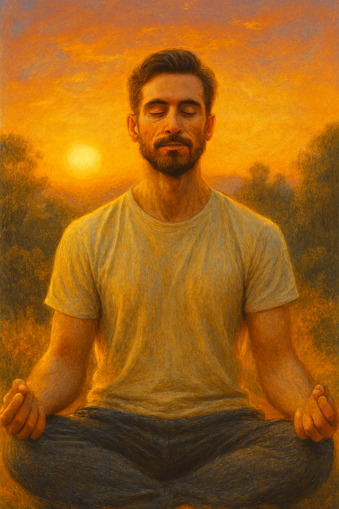 Pessoa meditando em parque ou contemplando pôr do sol, emanando paz e harmonia, com aura de equilíbrio e serenidade. Prompt: "Pessoa meditando ou contemplando pôr do sol em parque ou natureza, expressão serena e harmoniosa, luz dourada suave, aura de equilíbrio, estilo realista, tons quentes e suaves, atmosfera de paz interior, amor e maestria, sensação de consciência elevada e manifestação positiva, integração de emoções, ações e resultados."