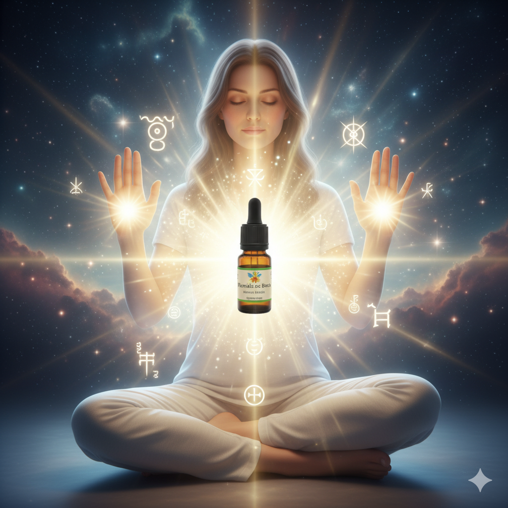 Mãos em posição de Reiki com luz branca e dourada irradiando, sobreposta por um pequeno frasco de Florais de Bach, representando o salto quântico do Sekhem-Seichim Reiki.