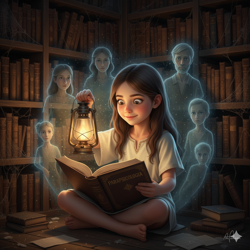 Desenho ou foto de uma criança em um canto, lendo um livro antigo ("Parapsicologia") sob a luz de uma lanterna, isolada, mas fascinada pelo conhecimento.
