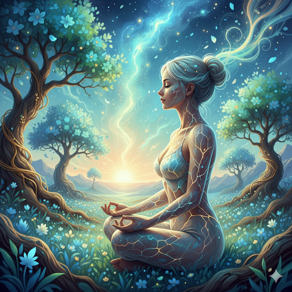 Lembrando Quem Eu Sou Mulher envolta em luz suave, com fragmentos do corpo sendo reconstruídos em harmonia, simbolizando a cura interior, o equilíbrio entre alma e corpo e o renascimento após a dor.