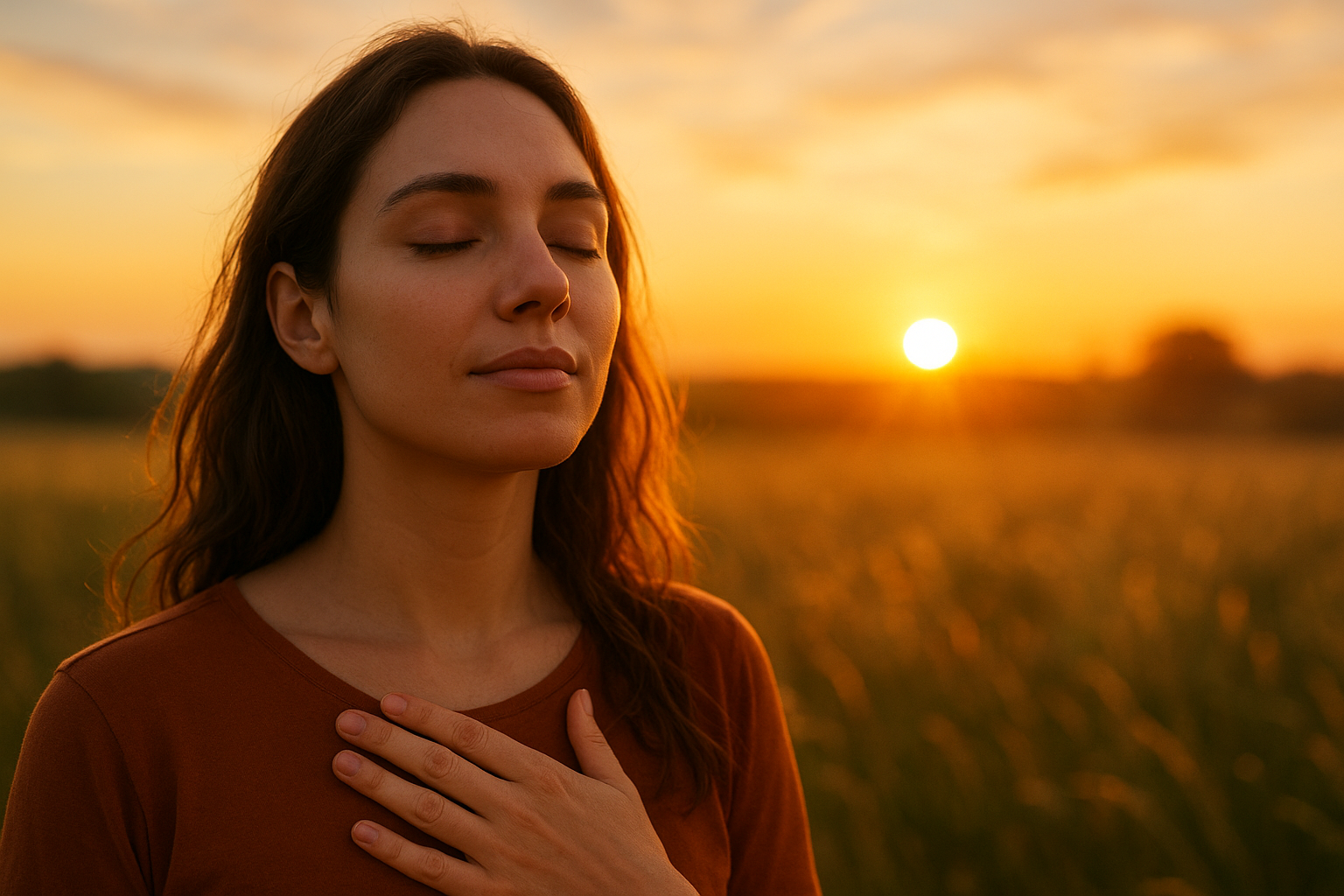 Mulher de olhos fechados respirando profundamente ao nascer do sol, envolta por luz dourada, simbolizando a integração entre corpo, alma e consciência.