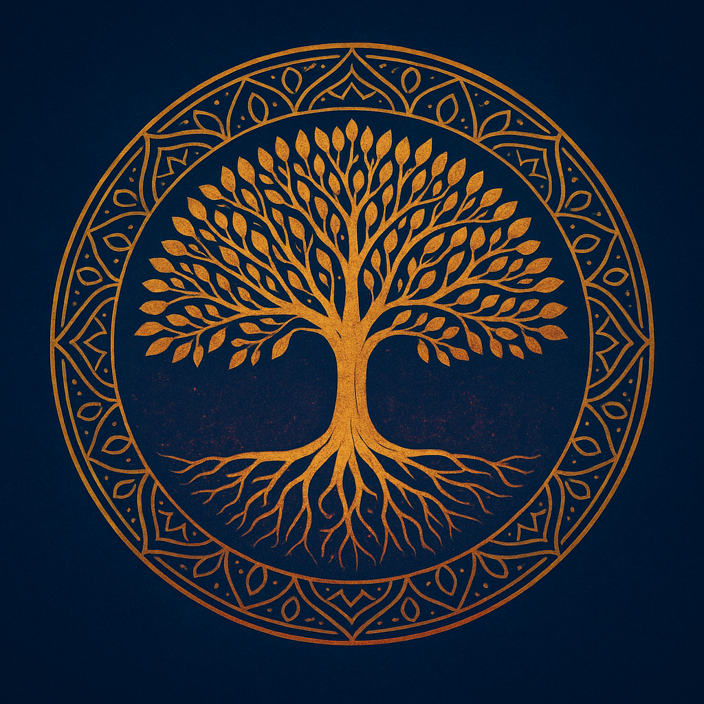 A Árvore da Vida representa a harmonia divina entre céu e terra — símbolo da frequência 144 mil e da ascensão da consciência. Árvore da Vida dourada sobre fundo azul profundo, simbolizando a união entre matéria e espírito e a vibração dos 144 mil.